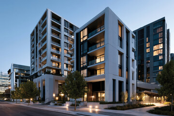 Fototapeta premium A stunning modern residential building illuminated at dusk, showcasing its elegant architecture and inviting atmosphere, reflecting contemporary urban living.