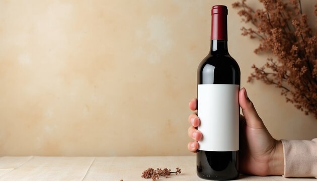 Hand holds dark glass wine bottle with white blank label. Decorative dry plants form elegant neutral background with copy space. Perfect for branding or advertisement.