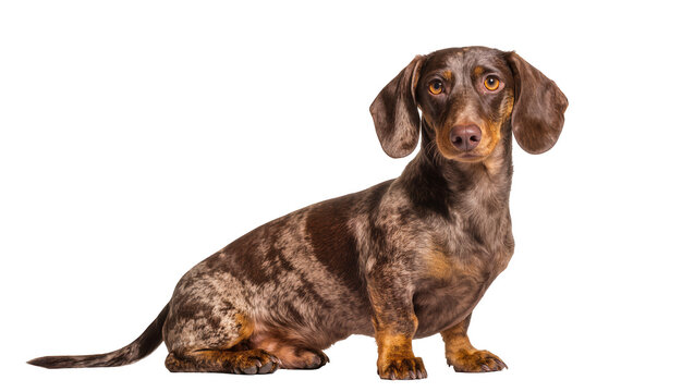 Dachshund dog with merle coat sitting