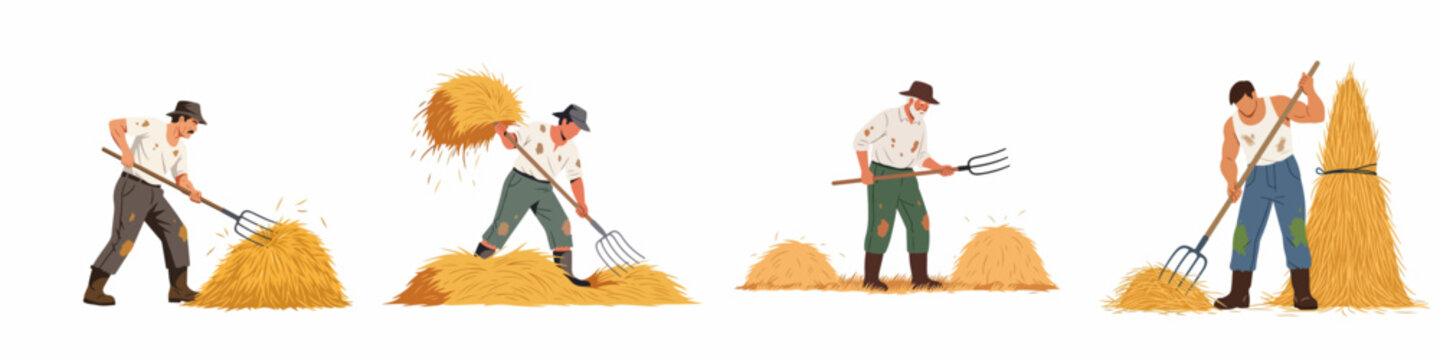 Set of four illustrations depicting male farmers working with hay using pitchforks, showing different stages of harvesting and stack building on a white background.