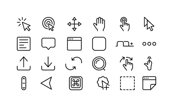 Pointer Interface Elements. Line icon set of web interaction controls: cursor click burst, click target, drag handle, grab hand, finger tap, cursor shadow, context menu panel, tooltip bubble, browser