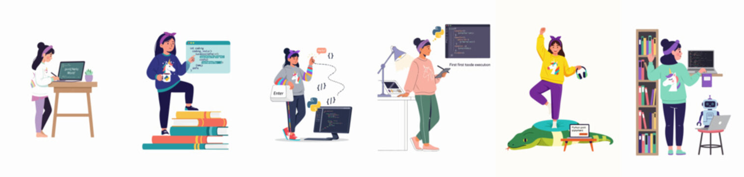 Illustrations of a young girl learning computer programming and Python, showcasing diverse STEM education concepts, coding skills, and creative technology learning environments.