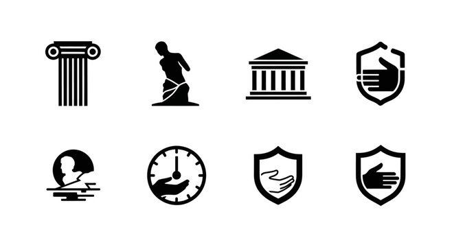 Collection of abstract symbols representing justice law and protection.
