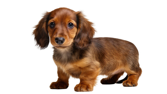 Long-haired brown dachshund puppy standing
