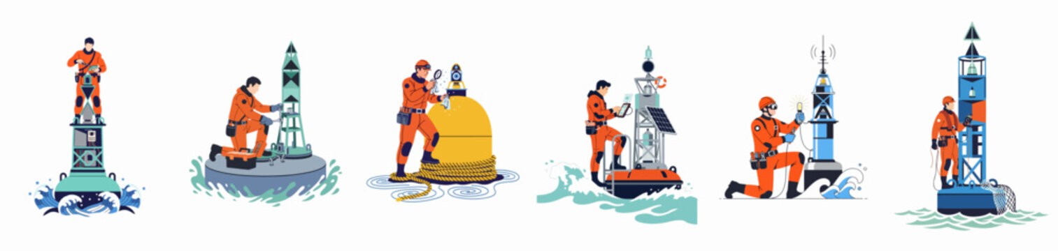 Technicians in orange protective gear performing maintenance and repairs on various types of maritime navigation and weather buoys in the sea.