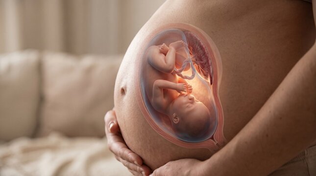 A pregnant woman's belly with a detailed translucent view of a developing fetus inside, illustrating prenatal growth and maternal connection.