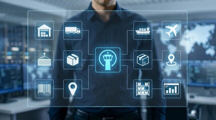 Obraz premium Logistics Manager Interacting With Digital Supply Chain Management Interface