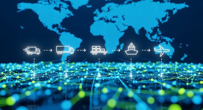 A futuristic cityscape showcases various transportation modes on a global map background with network connections.