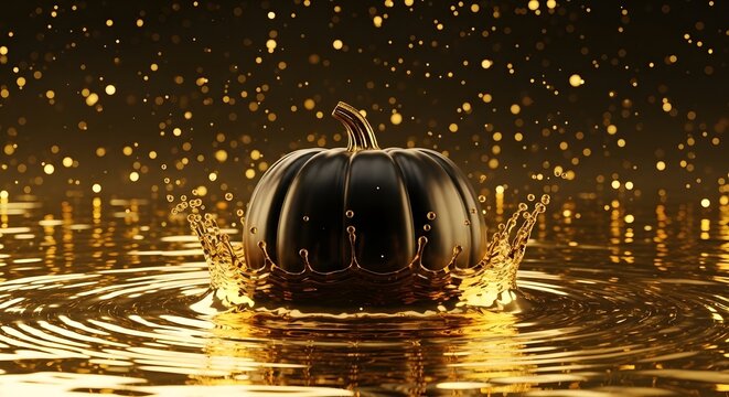 Black pumpkin splashing into liquid gold with bokeh light particles