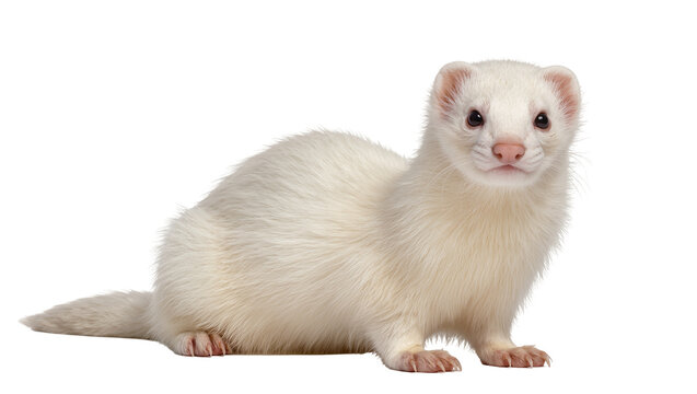 Albino ferret with white fur and pink ears looking forward
