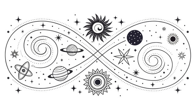 Infinity symbol with cosmic planetary system and sun hand drawn sketch infinity universe astronomy illustration esoteric mystical astronomical constellation ornament spiritual abstract