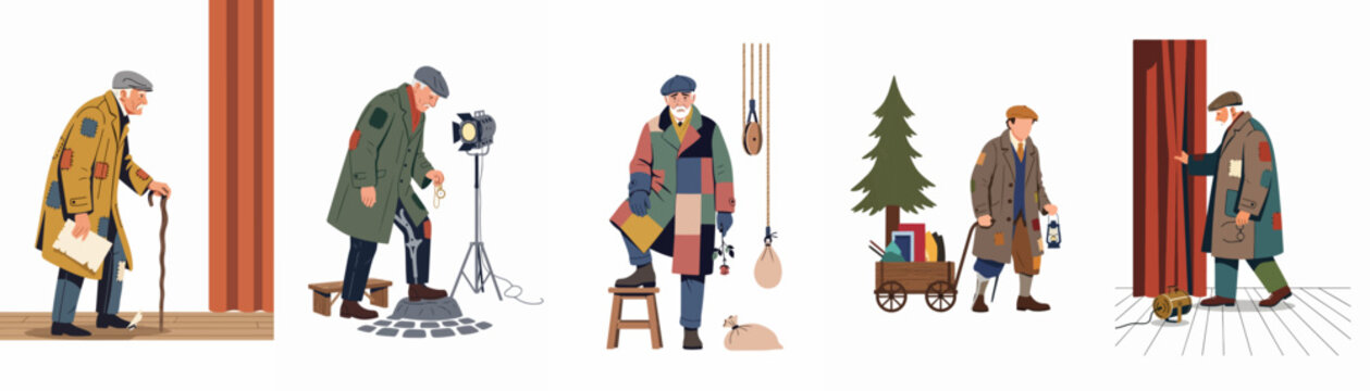 Set of illustrations depicting an elderly theater actor in various backstage and on-stage scenes wearing patched, vintage clothing for a character role.