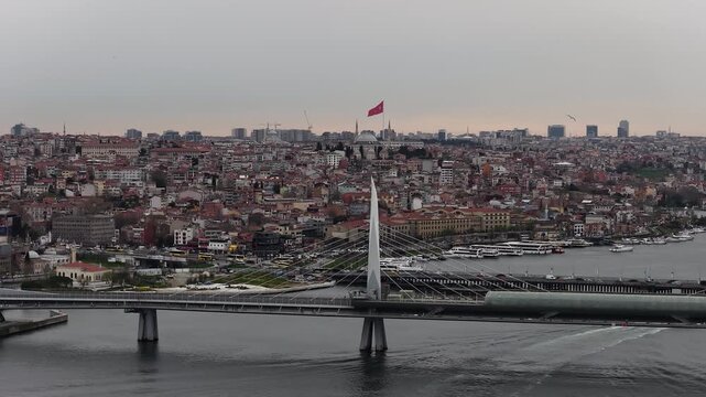 Aerial view of istanbul's golden horn and metro bridge