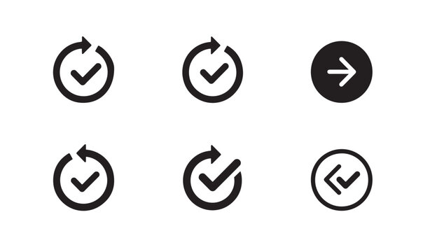 Collection of refresh icons with check marks and a solid forward button on transparent background.