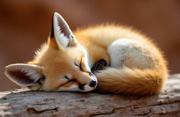 Obraz premium Cute fox kit slepic curled up on a rough wooden log in warm sunlight. Tiny wild animal rests peacefully, showcasing natural beauty and quiet moments in its habitat.