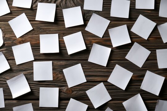 Blank white memo notes scattered on a rustic dark wood surface in a sharp flat lay for office productivity and creative brainstorming branding
