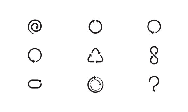 Abstract circular arrow symbols including recycle infinity and spiral icons on transparent background.