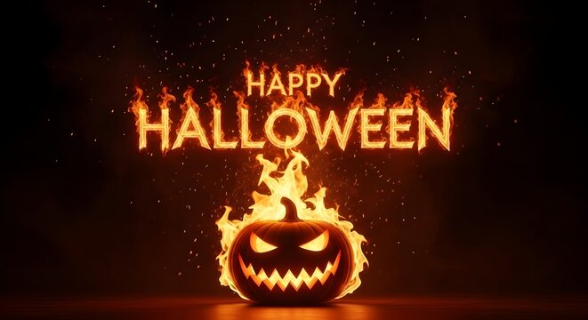 Happy halloween text with a flaming jackolantern pumpkin on a dark background, fiery typography and glowing embers, spooky holiday celebration