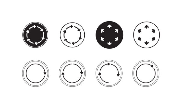 Set of circular arrows and rotation symbols for user interface design isolated on transparent grid.