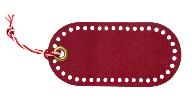 Red oval leather tag with grommet and string