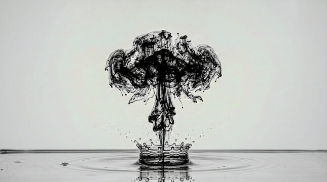 Black ink drop exploding in water white background, freeze-frame micro tendrils
