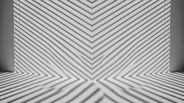 Venetian blind parallel shadow stripes on white wall corner, pure geometry of light