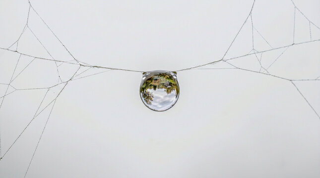 Single dewdrop on spider web silk threads white background, macro refraction lens