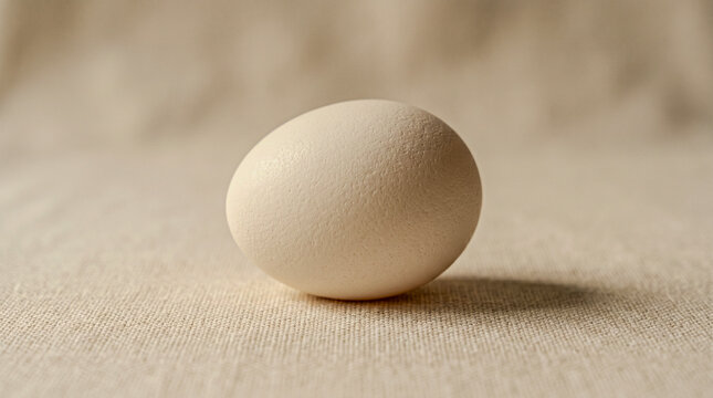 Single cream egg on warm ivory linen, micro eggshell texture ultra-soft light
