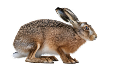 Naklejka premium Brown hare with long ears and alert eyes on white