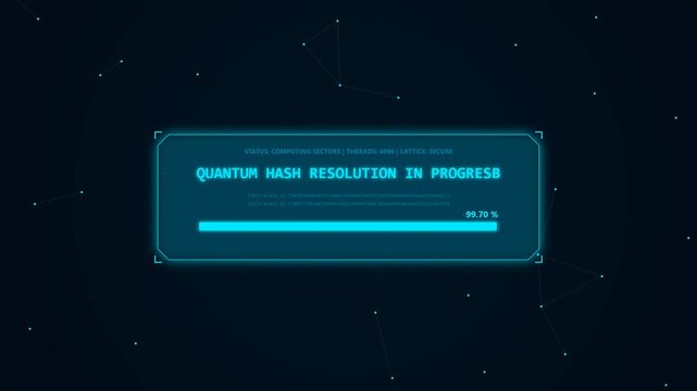 Blue futuristic network background terminal executing a quantum hash resolution data decryption sequence