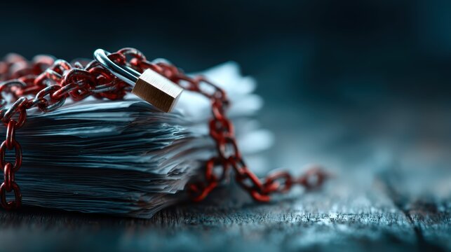 A stack of documents secured with a chain and padlock symbolizes the critical importance of security, privacy, and confidentiality in handling sensitive information in today's world.