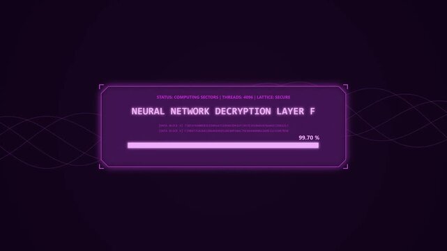 Purple matrix cyber security interface displaying neural network decryption layers with loading progress bar