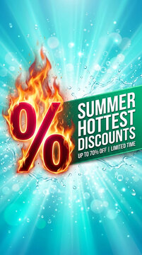 Fiery percentage symbol with "Summer Hottest Discounts" text and water splashes, symbolizing a hot sale, perfect for advertising and promotional use