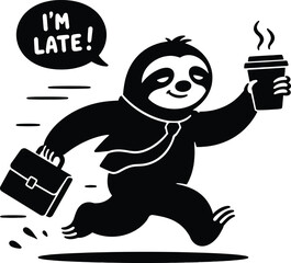 Funny sloth wearing a tie running in a hurry with a briefcase and a cup of coffee saying i am late © MohammadSakhawat