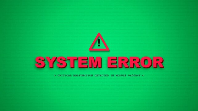 Motion graphic animation of a critical system malfunction error message alert on green background