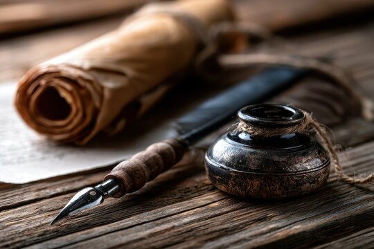 Calligraphy dip pen nib and ceramic inkwell resting on weathered wood planks with a rolled scroll in a sharp macro shot for creative writing branding