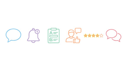 Obraz premium Digital communication feedback review notification customer service icons illustrating various aspects of online interaction, user experience, and customer satisfaction.