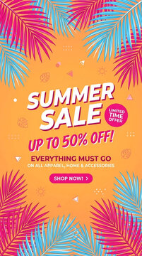 Vibrant summer sale advertisement with palm leaves, featuring text about discounts up to 50% off, symbolizing seasonal shopping deals and savings