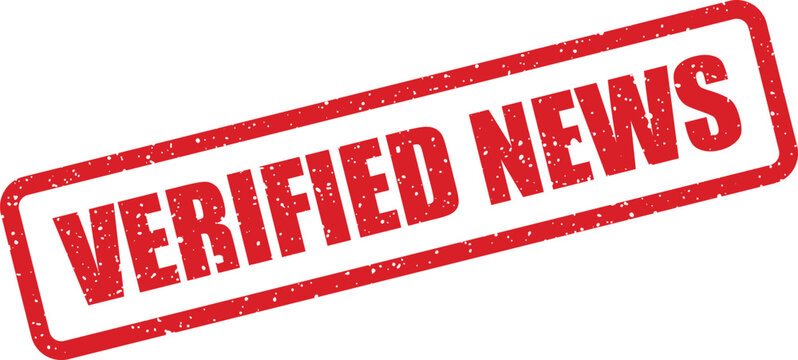 A prominent red rectangular grunge rubber stamp showcasing the phrase VERIFIED NEWS in strong bold letters for authentic information
