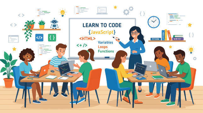 Diverse group learning to code in a modern classroom with laptops and collaborative projects.