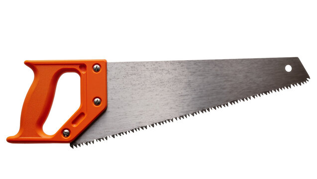 Orange handled hand saw with metal blade and sharp teeth