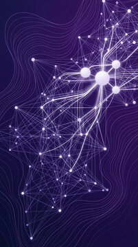 Abstract network of glowing nodes and lines on a deep purple background, symbolizing data, connections, and digital concepts