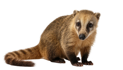 Naklejka premium Coati with striped tail sitting on white