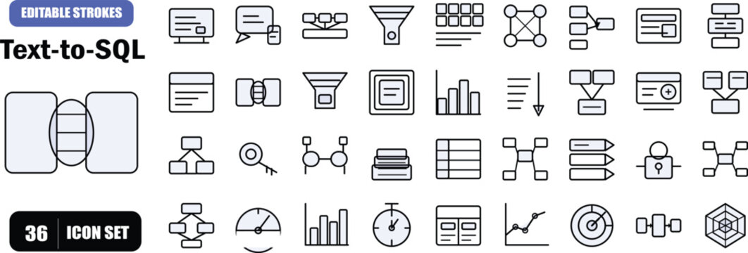 A premium flat outline icon set of 36 unique icons covering natural language processing, SQL query architecture, database schema design, and performance analytics for text-to-SQL translation models. I
