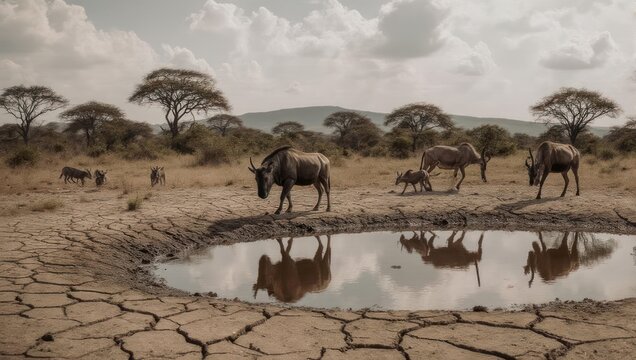 Wildebeest gather at a shrinking watering hole in the dry African savanna, reflecting the harsh reality of drought.