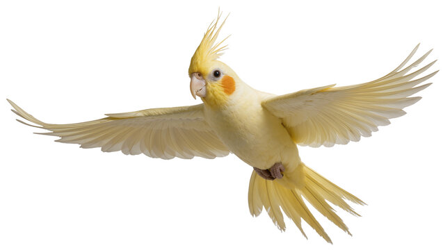 Yellow cockatiel bird with crest and orange cheek patches flying