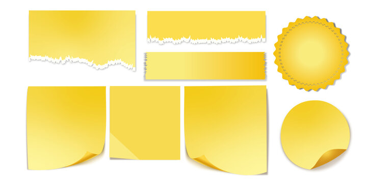 Set of stickers of different shapes with shadow and folded edges, tags, sticky notes for memo mockup isolated on a transparent background. Paper adhesive tape, empty blanks Realistic 3d vector set