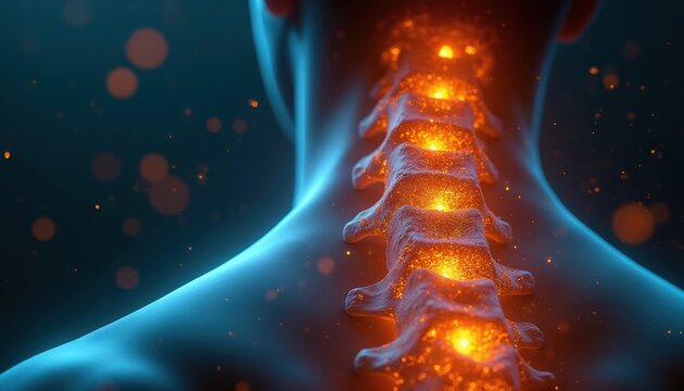 Close up of human spine with glowing vertebrae. Medical visualization shows nerve damage and inflammation in spinal cord. Health care concept for pain relief and therapy.