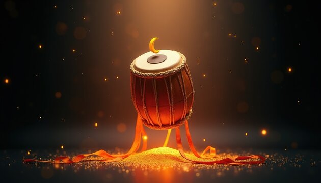 Indian drum tablas rest on gold sand dust. Festive orange ribbons flow around ancient musical instrument. Crescent moon icon rests on drumhead under bokeh lights.