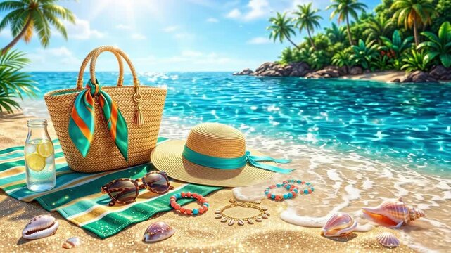 Tropical beach setup with woven bag, straw hat, and sunglasses on striped towel. Lemonade glass, beaded bracelets, necklace, and seashells by turquoise ocean. Summer vacation relaxation and seaside